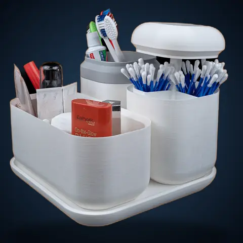 Kit organizador de banheiro impresso em 3D: caddy com porta-escovas, porta-cotonetes e compartimentos.