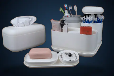 Conjunto completo do kit organizador: caddy, porta-lenços, saboneteira e bandeja de acessórios.