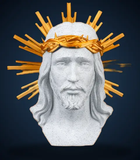 Busto de Cristo em relevo, branco com halo dourado, visto de frente.