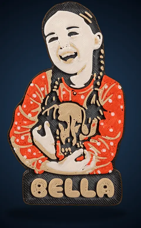 Chaveiro-retrato personalizado colorido com ilustração de uma pessoa e seu pet.