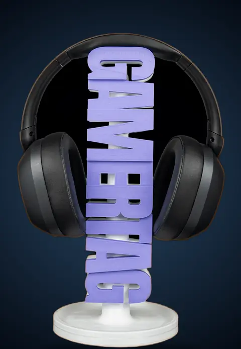 Suporte de headset personalizado com nome impresso em 3D.