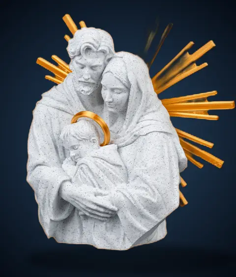 Peça devocional da Sagrada Família em relevo, vista em ângulo de três quartos.