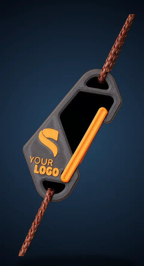 Chaveiro mosquetão personalizável impresso em 3D, com área em relevo para a sua logo.